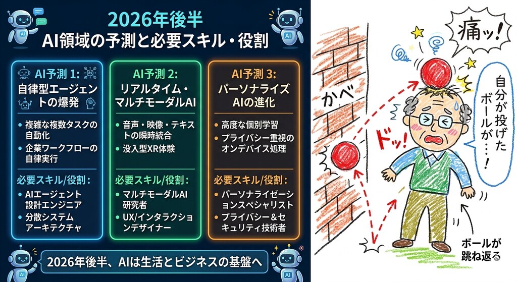 2026年後半AI領域での事柄予測に対し必要とされるスキル役割と壁に投げたボールが跳ね返って自分の頭に当たっているおじさん