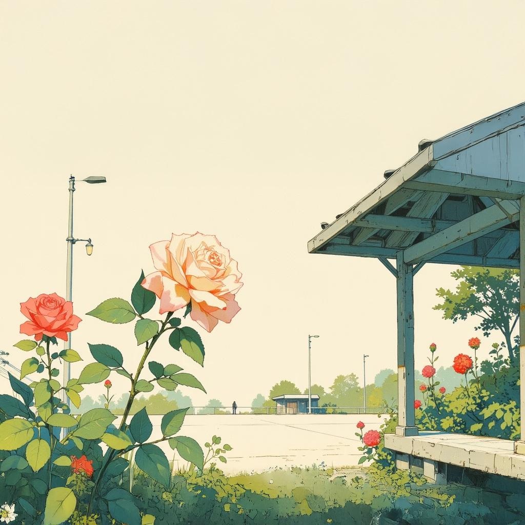 広場の片隅のバラと東屋