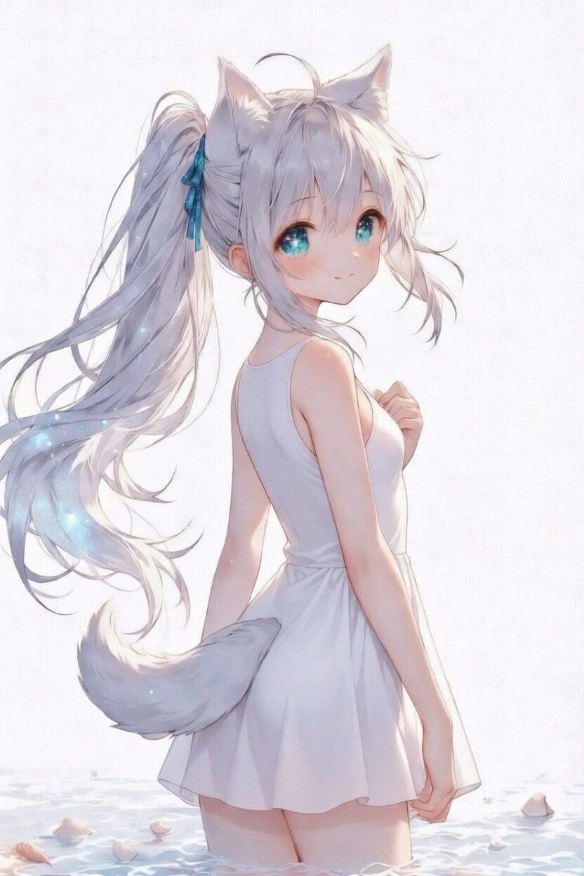 白い水辺で振り返るホタテちゃん