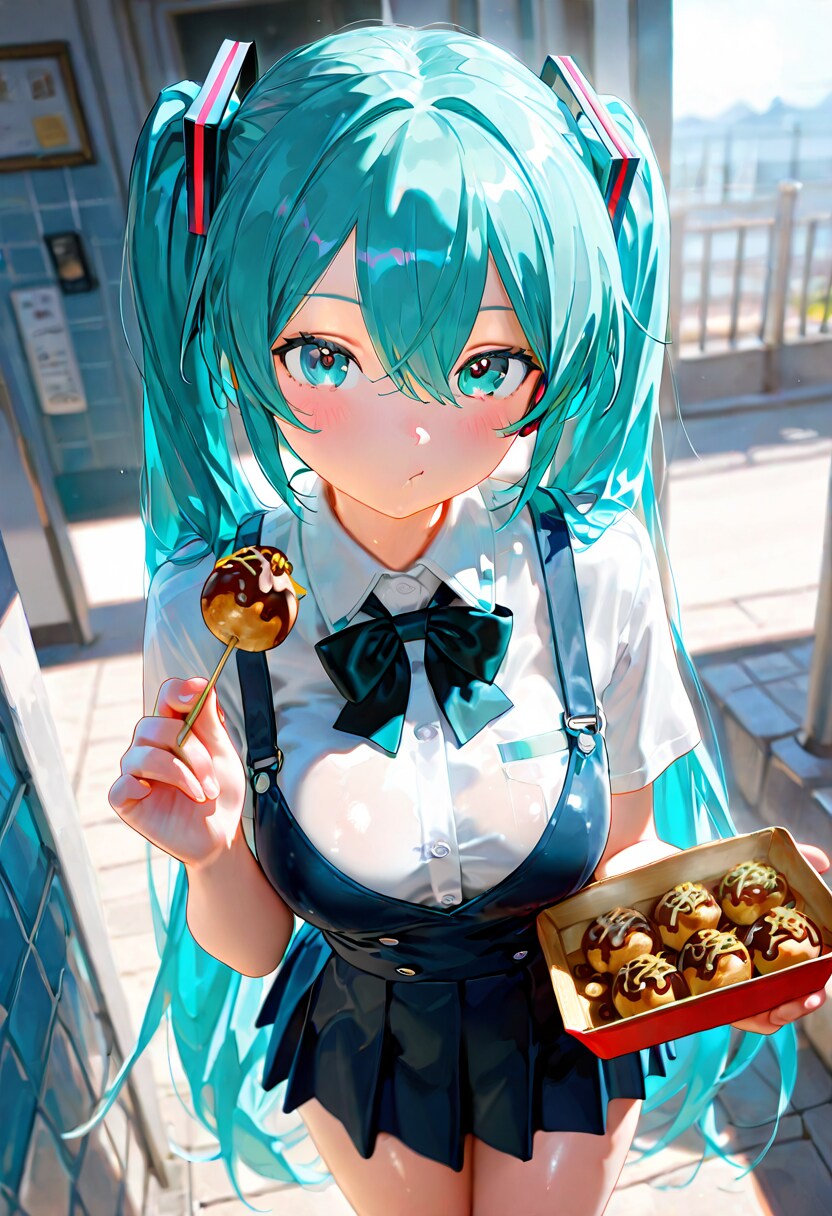 下校中にたこ焼きを食べるミクさん