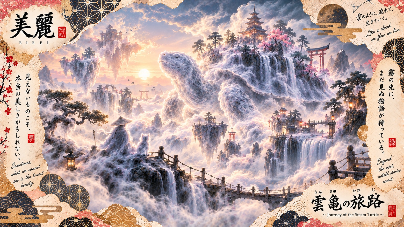 A steam-formed turtle carrying an entire world of floating shrines across the clouds.  Like a cloud, | の人気AIイラスト・グラビア