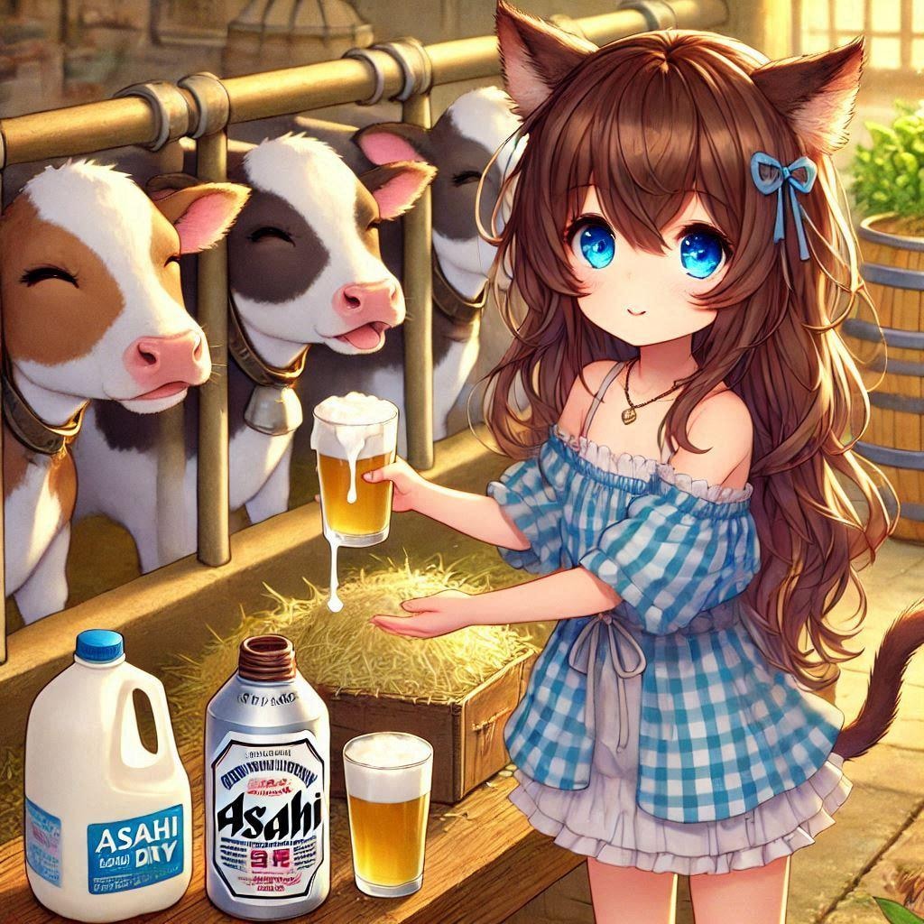 牧場で牛と過ごす小さな女の子