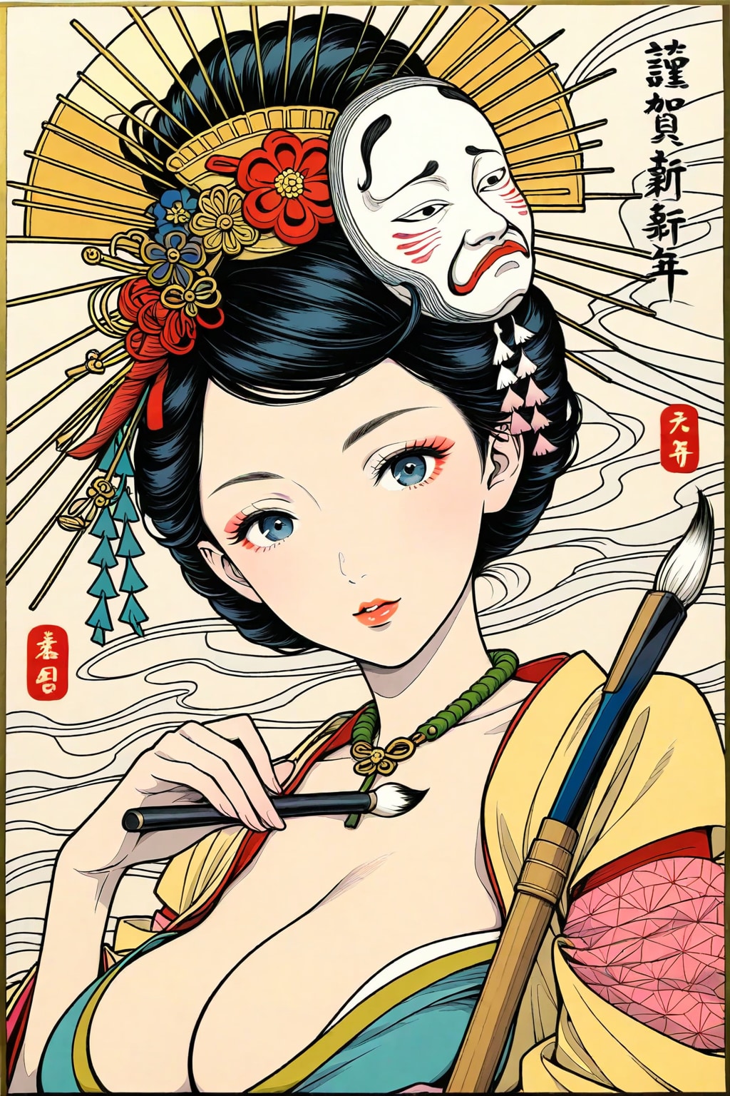 極細筆で流麗に描いた越後美人の浮世絵風肖像画