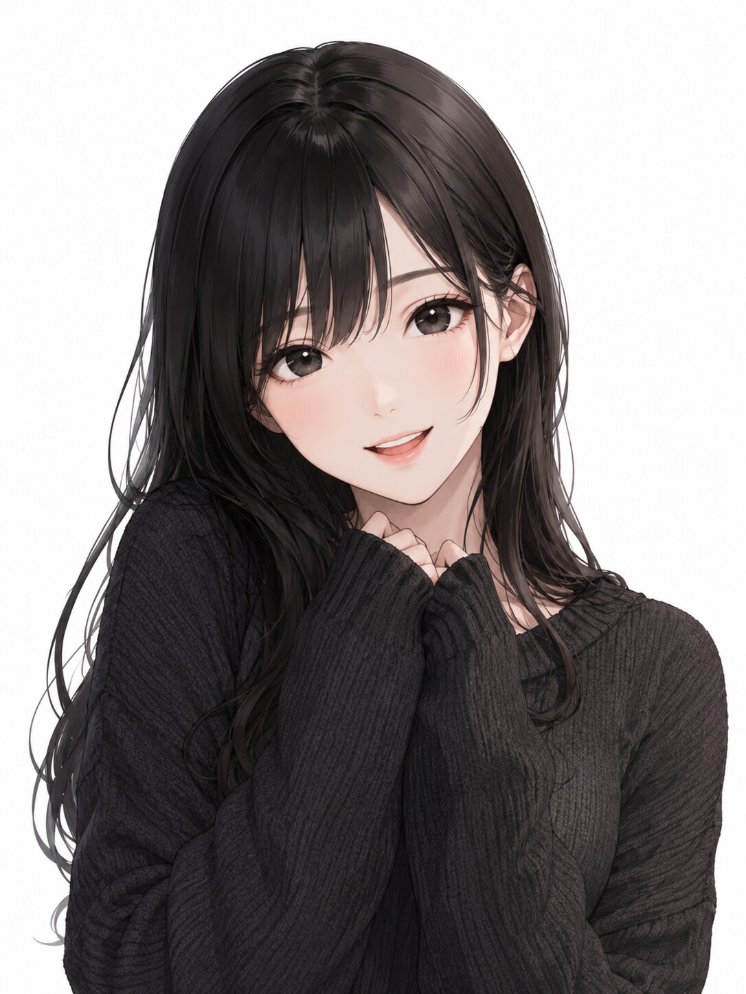 萌え袖の黒髪女性