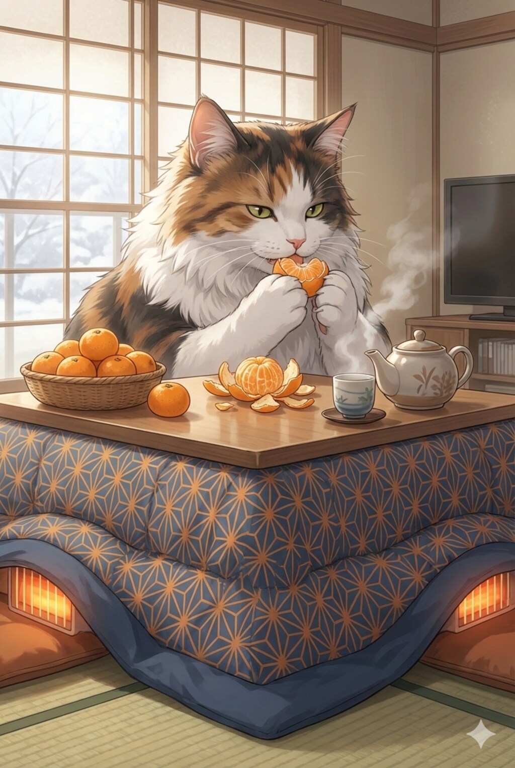 こたつに三毛殿とみかん