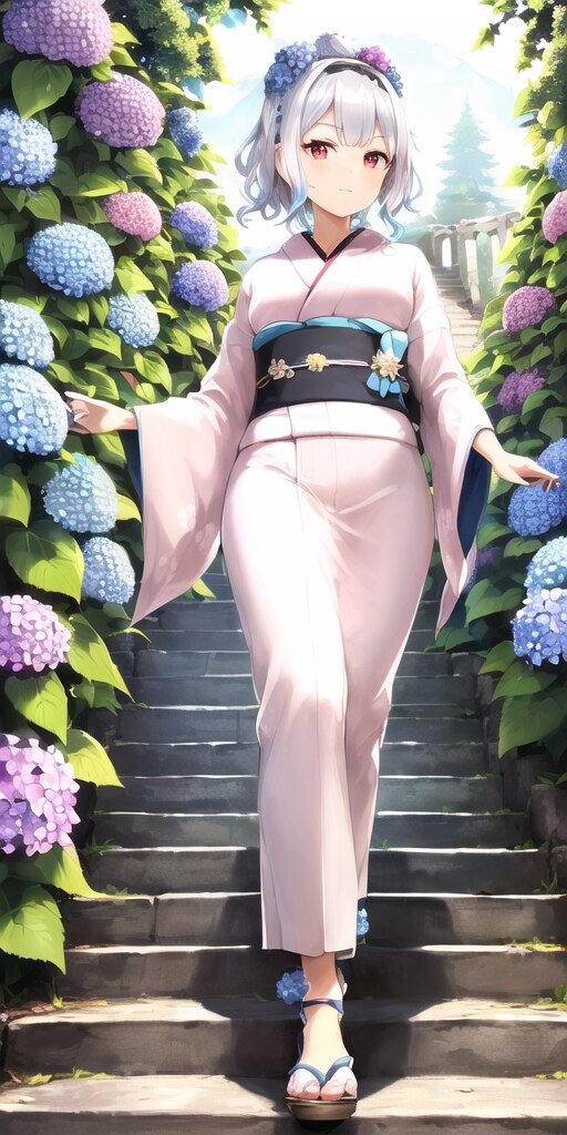 紫陽花通りの階段を降りる着物少女