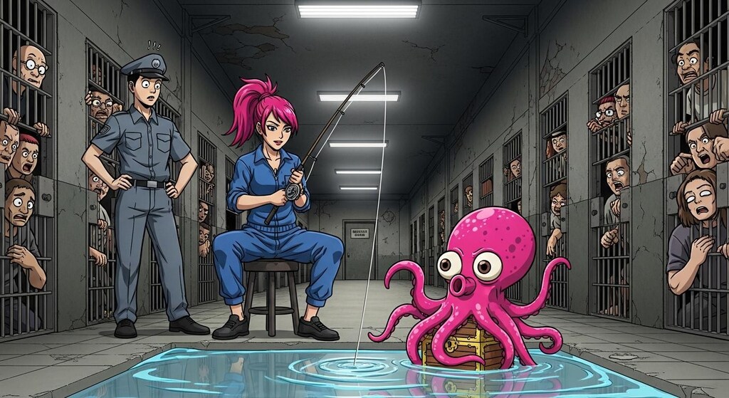 囚人に見られながら牢獄の通路で釣り