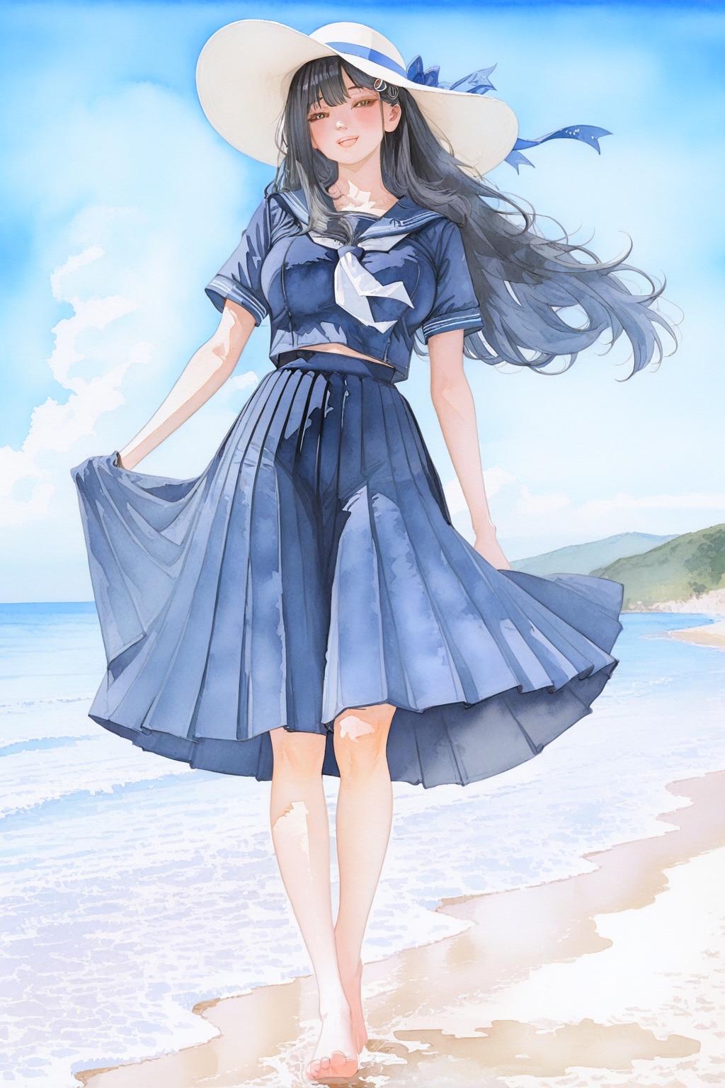 (水彩)渚の少女
