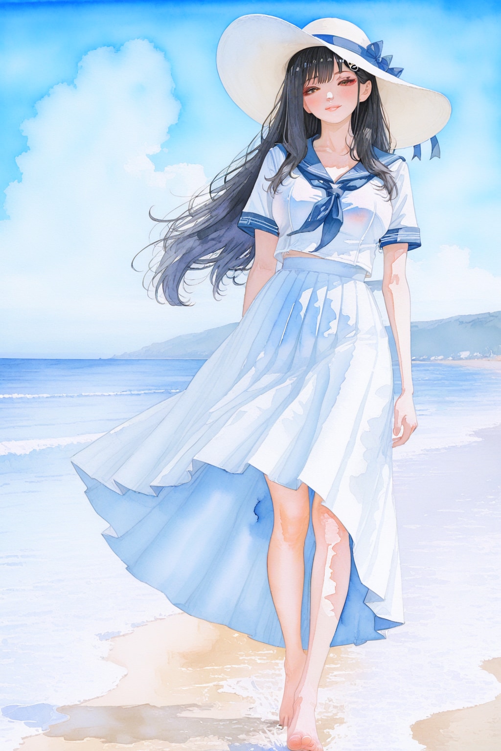 (水彩)渚の少女