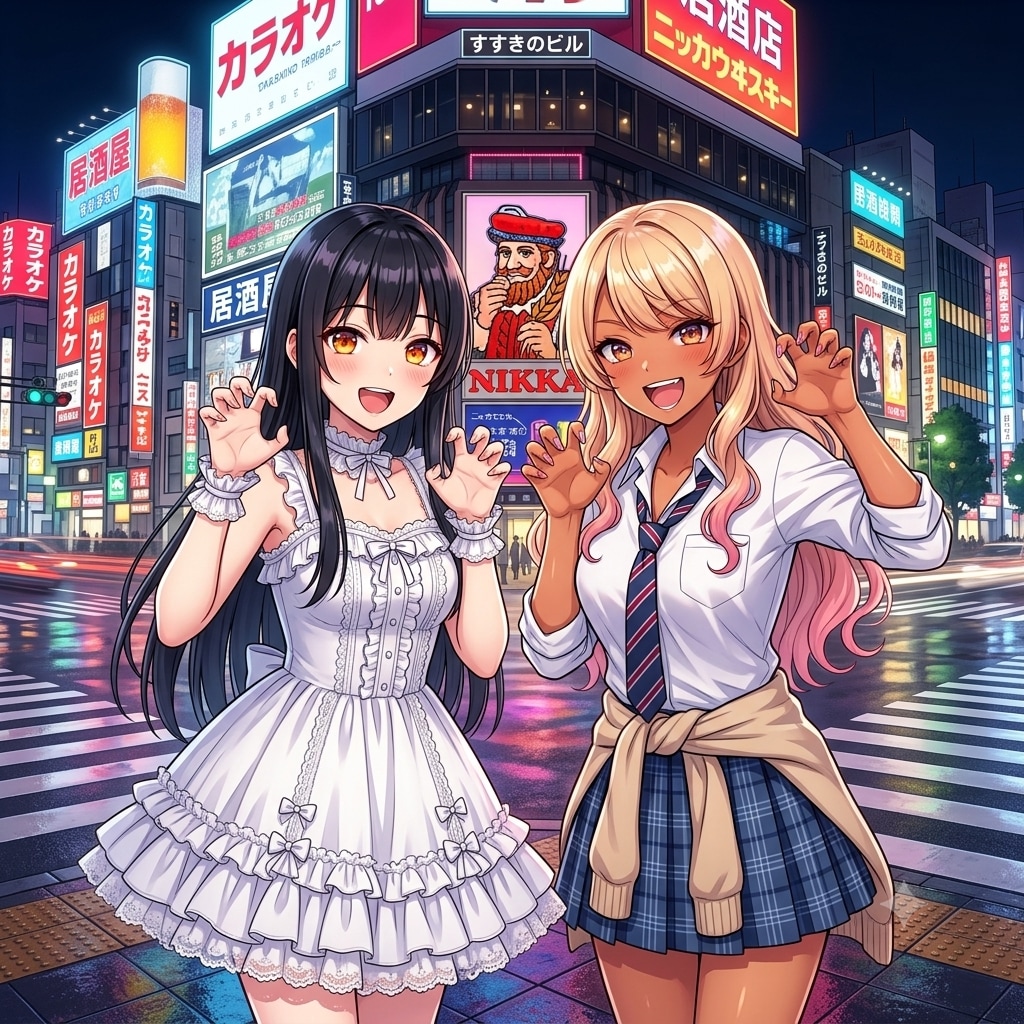 ふうちゃんとすすきの交差点でガオー
