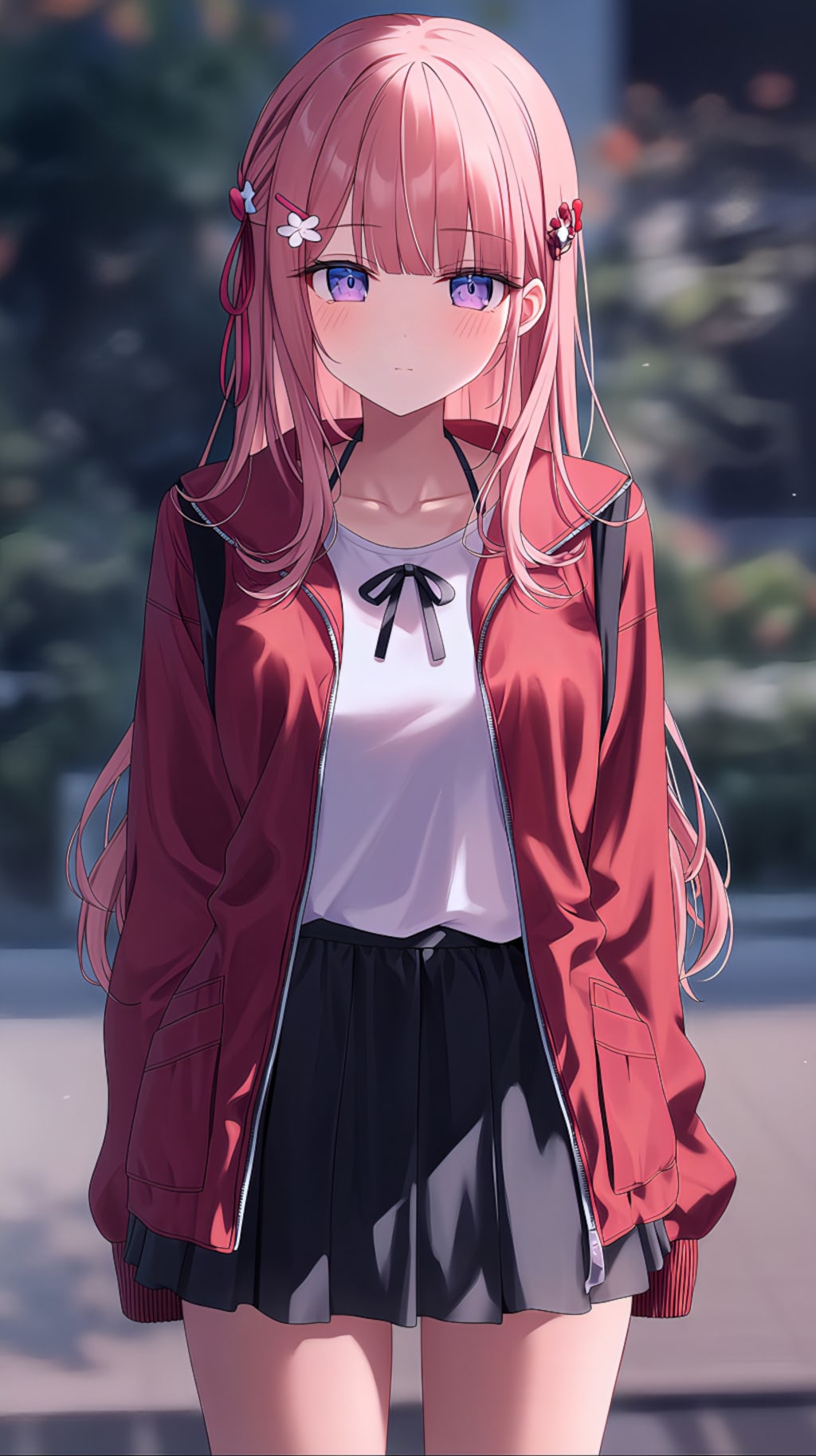 午後の公園で微笑むピンクの髪の少女