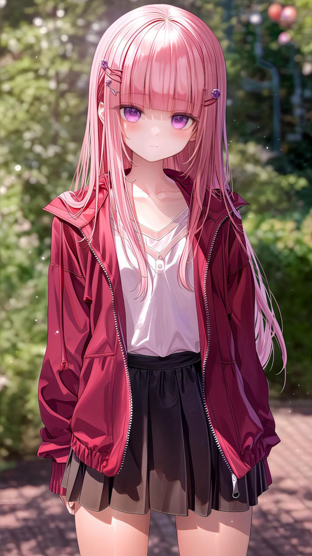 午後の公園で微笑むピンクの髪の少女