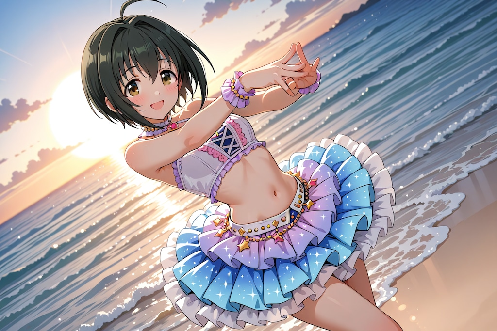 海辺でポーズ