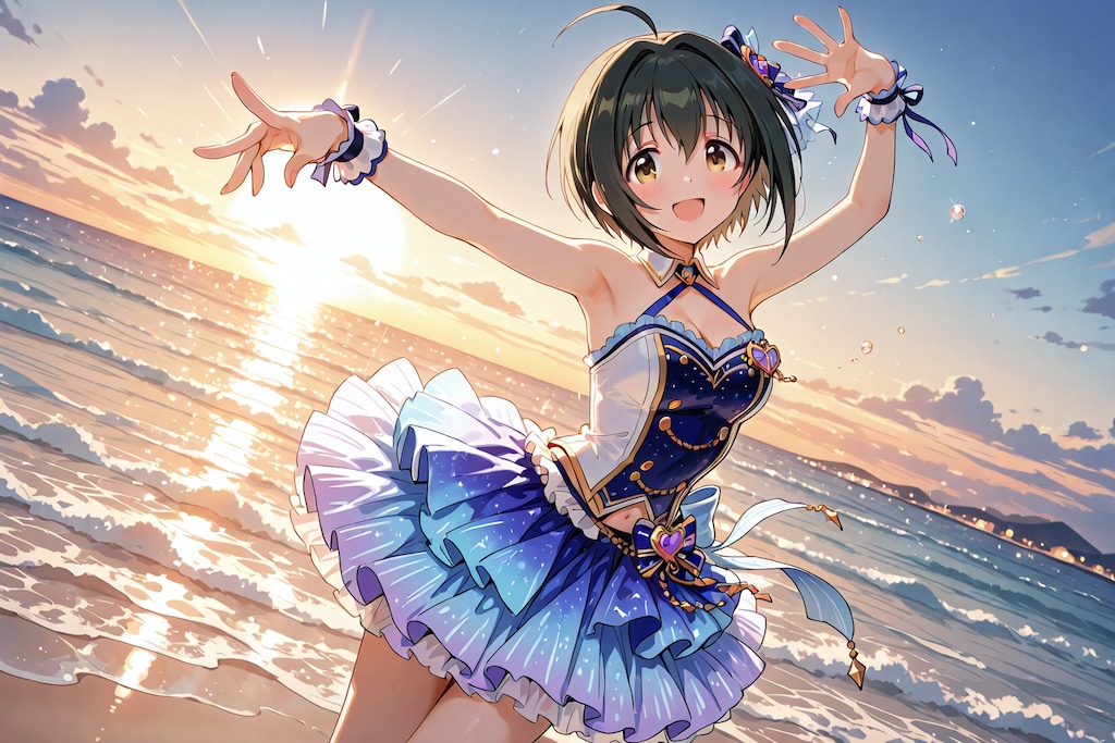 海辺でポーズ