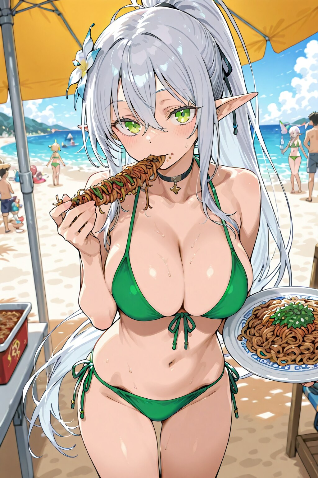 海水浴場で焼きそばパンを食べる銀髪エルフの女の子