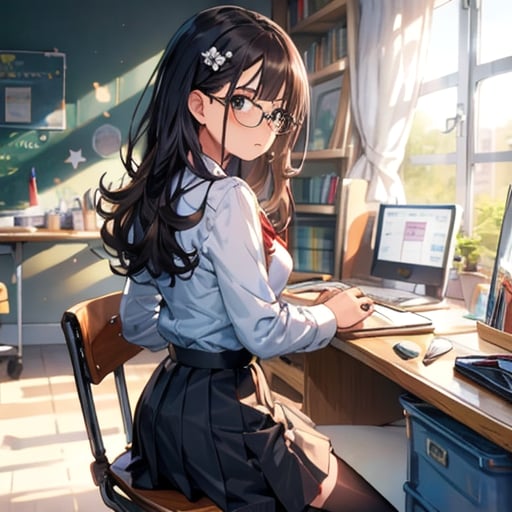 作業中に振り返る眼鏡女子