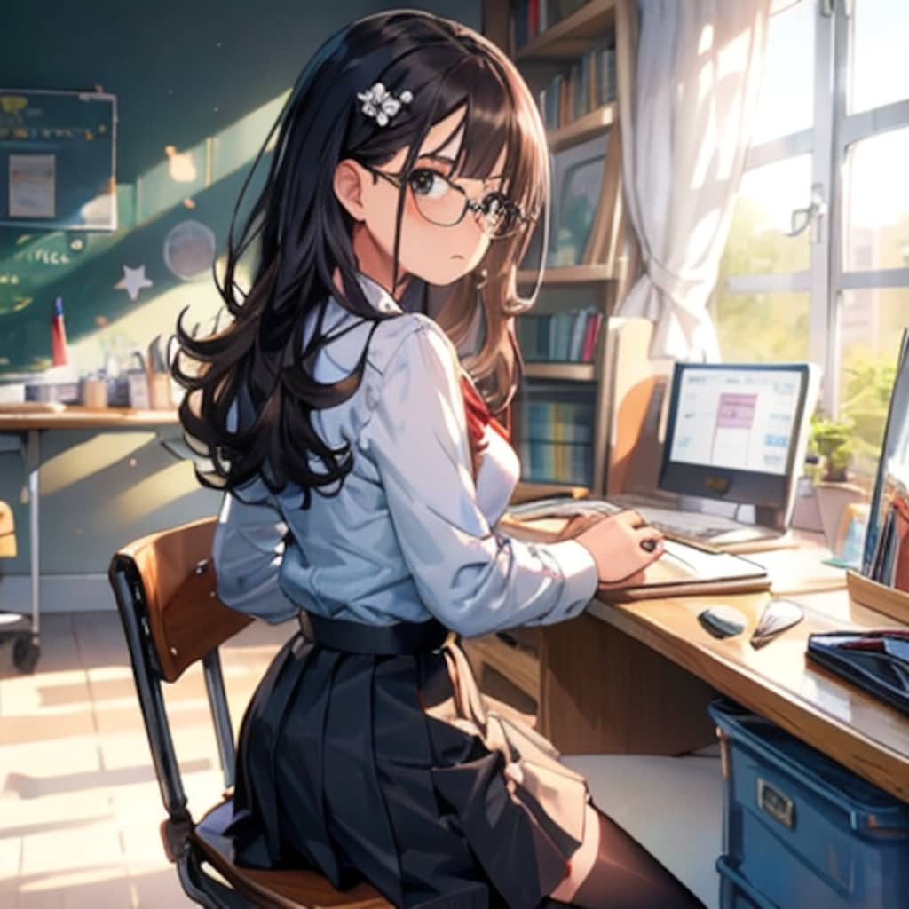 作業中に振り返る眼鏡女子