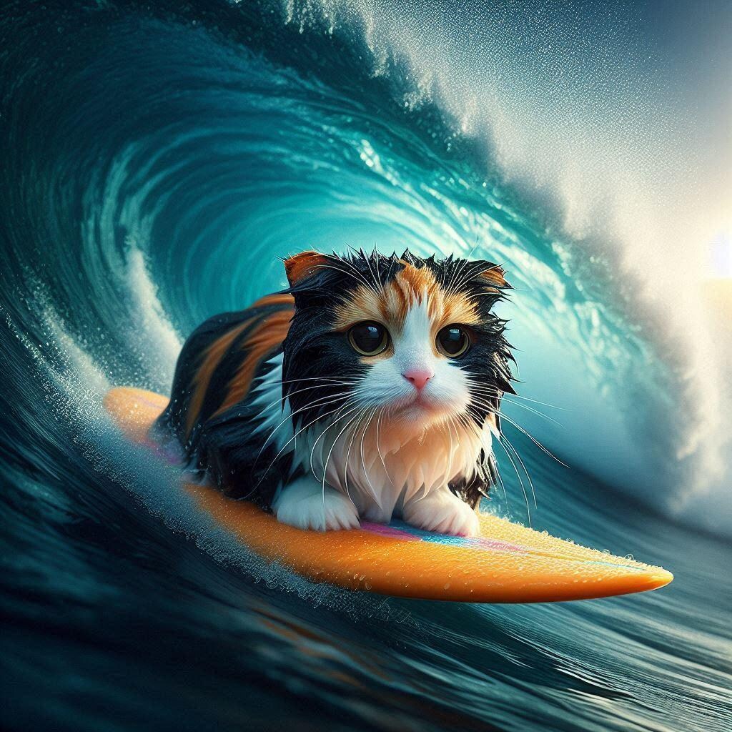 サーフィンする三毛猫