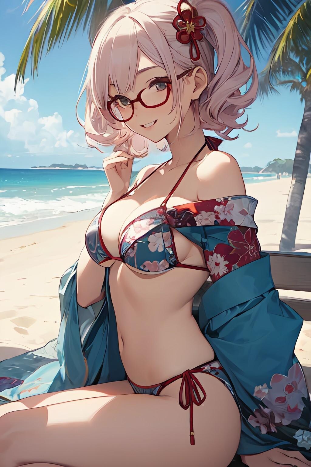 和柄ビキニのお姉さん👘👙