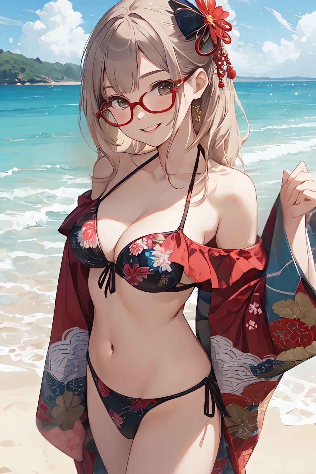 和柄ビキニのお姉さん👘👙