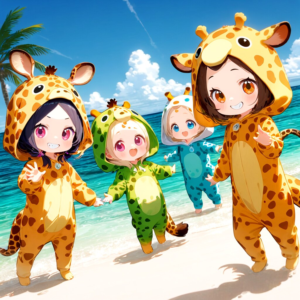 白い砂浜と青い海とキリン着ぐるみちび子ちゃん