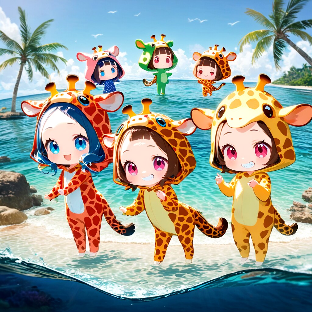 白い砂浜と青い海とキリン着ぐるみちび子ちゃん | の人気AIイラスト・グラビア