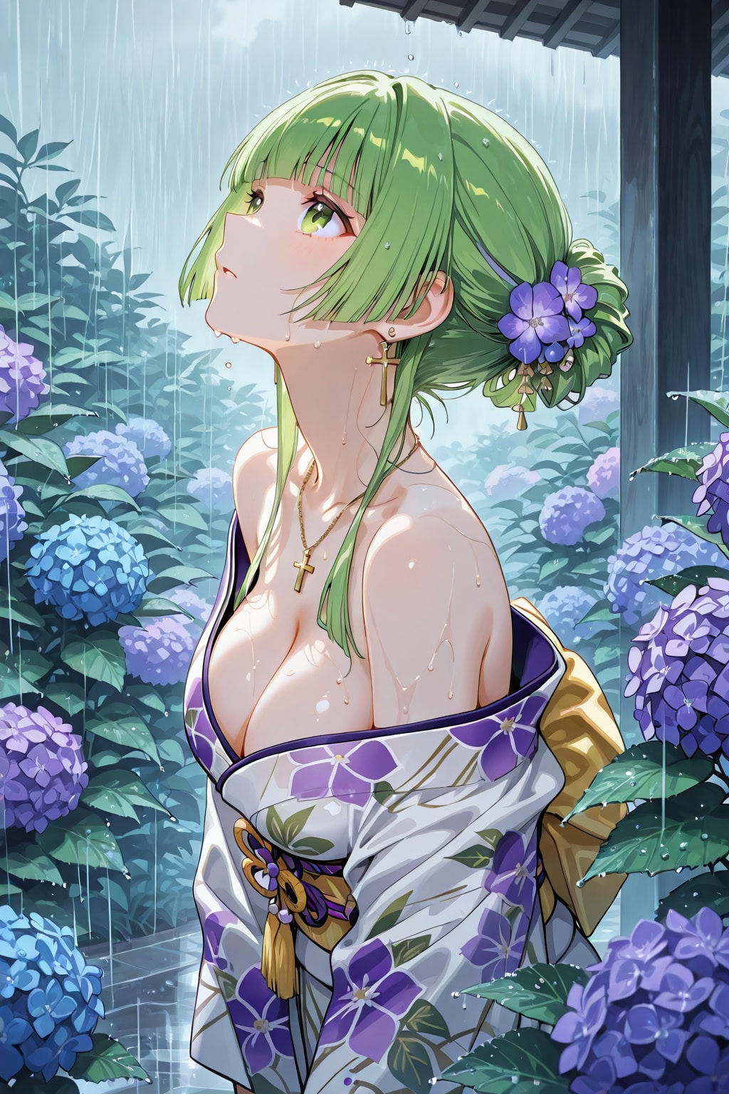 紫陽花で満たされた、雨の降る庭で