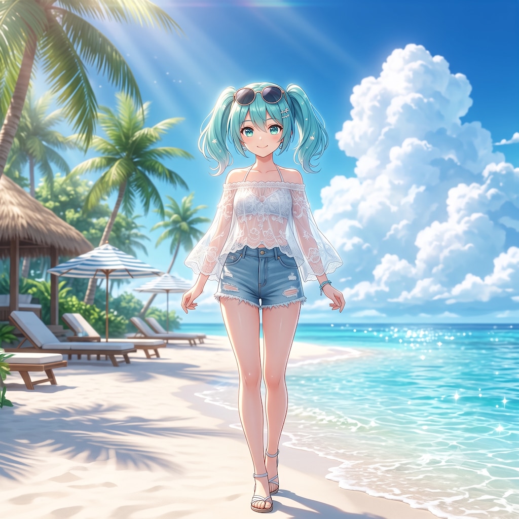 夏の浜辺にミクさん