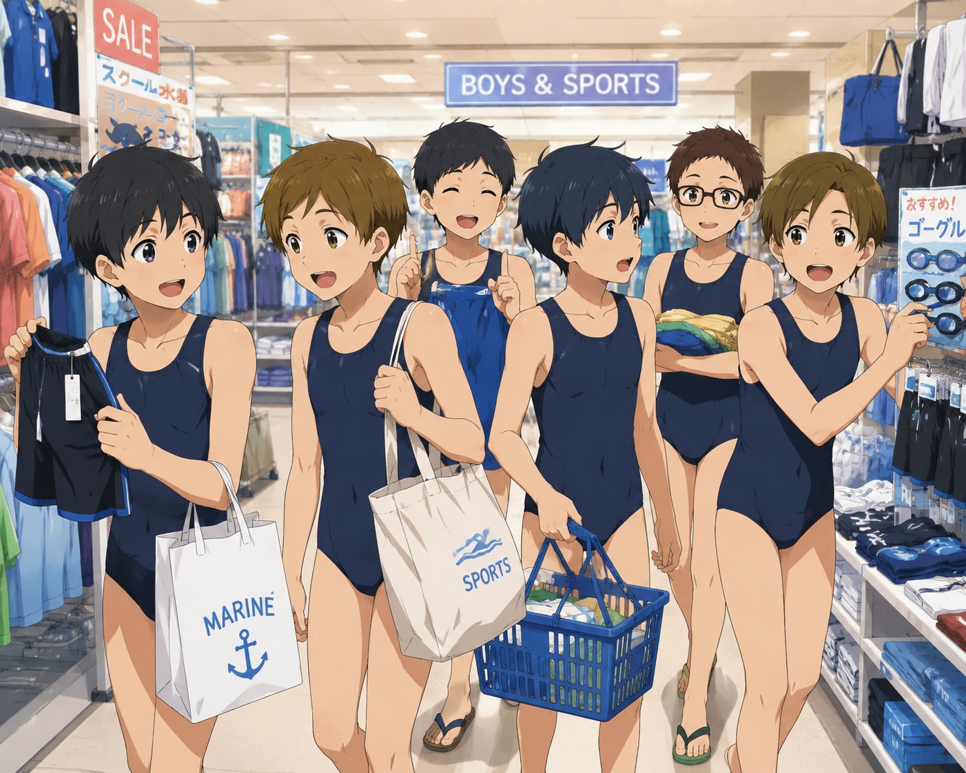 スク水を着て買い物をする少年たち