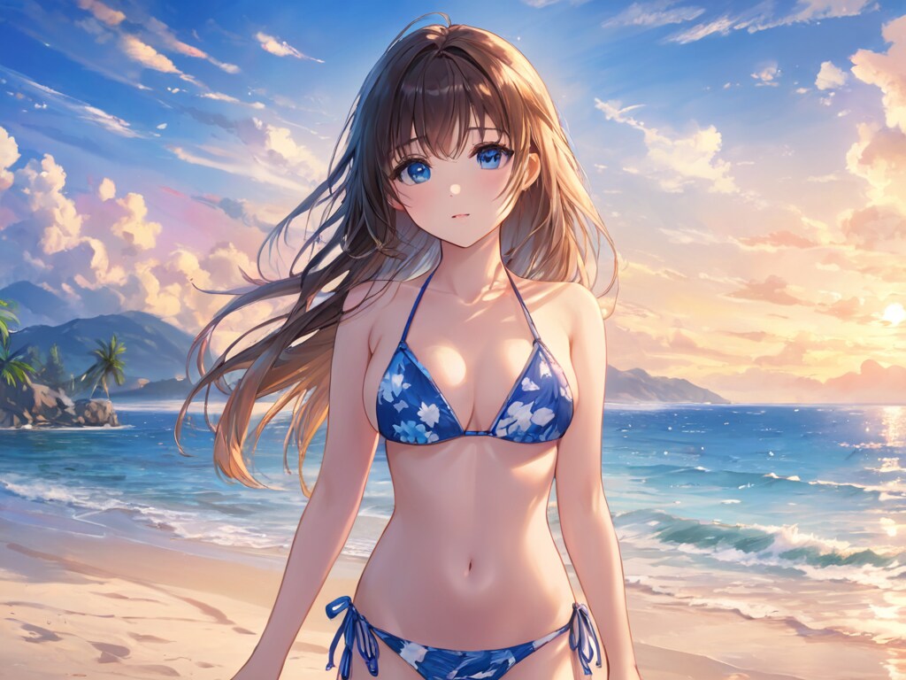 夕暮れの海にビキニ少女