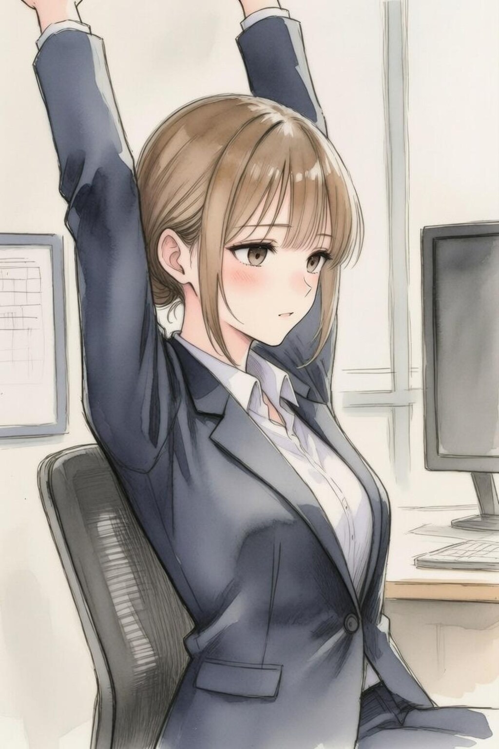伸びをするOL
