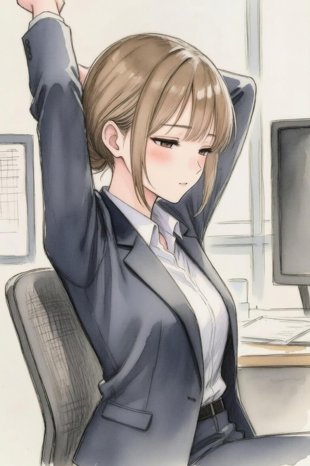 伸びをするOL