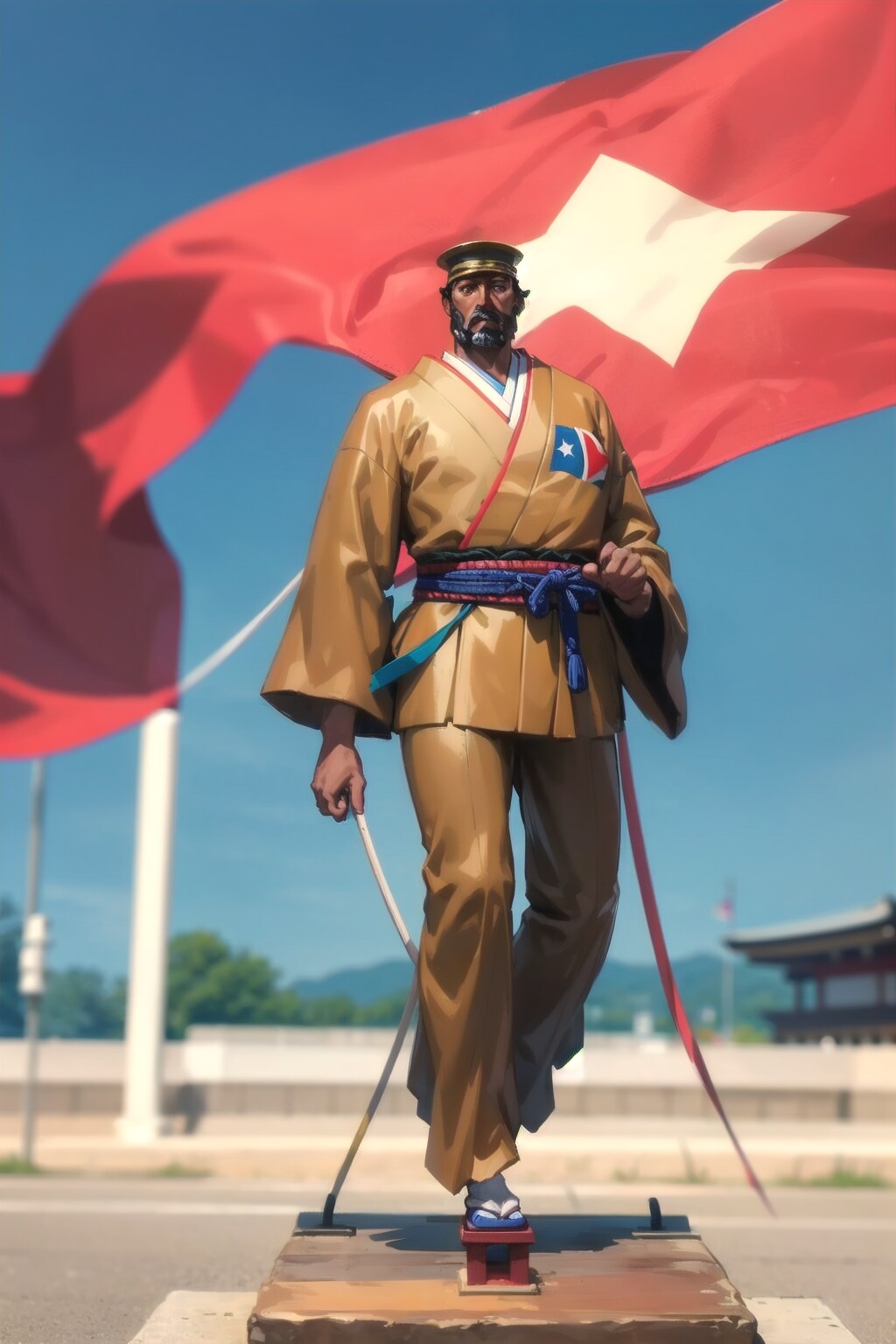 胴着でたたずむコント用の銅像