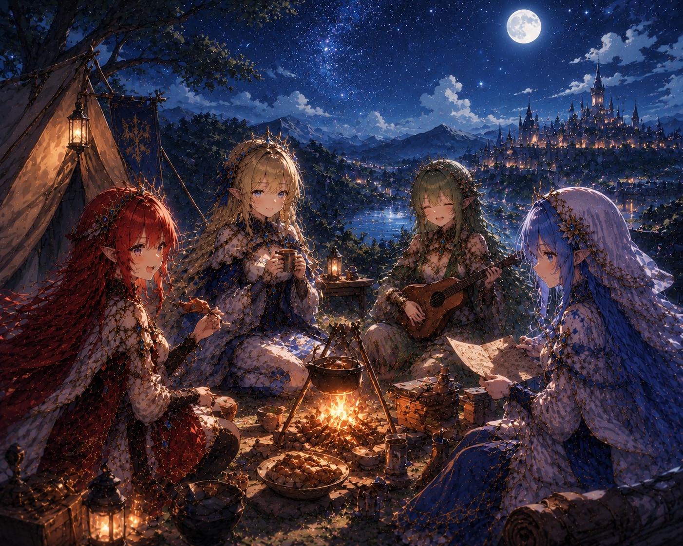 月夜の焚き火と仲間たち