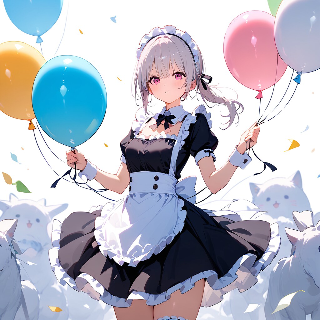 いっぱい風船を持つ白い髪ロングのメイド服の美女。