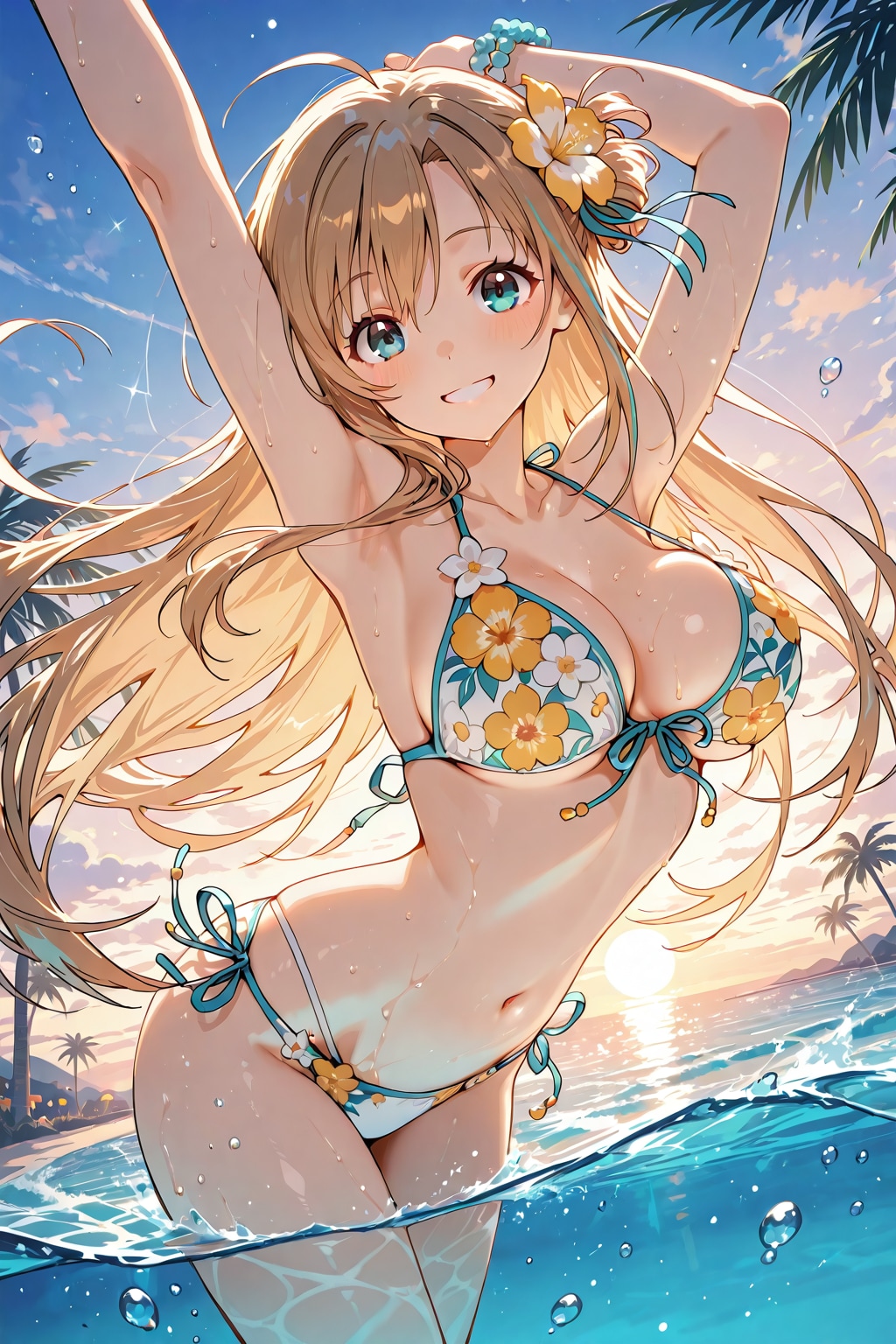 明るい茶髪美少女 花柄ビキニ 南国の海