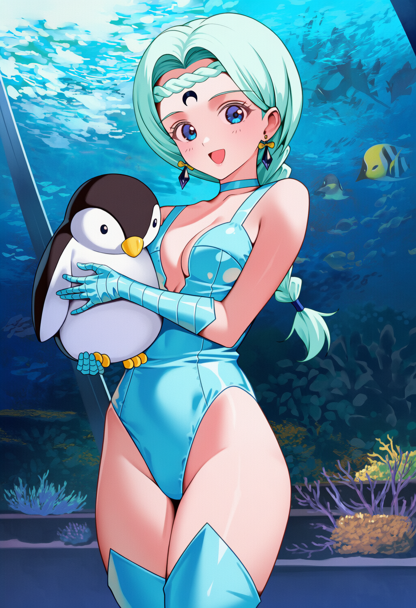 ペンギンのぬいぐるみを持つベルチェ