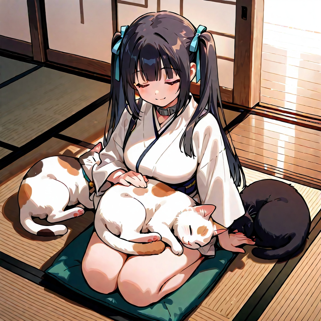 猫に囲まれる黒髪ツインテ娘 | の人気AIイラスト・グラビア