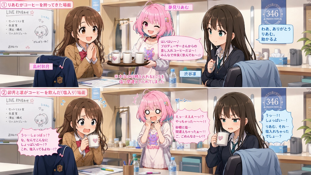 砂糖と塩を間違えて入れたコーヒーを島村卯月と渋谷凛に差し入れるりあむちゃん