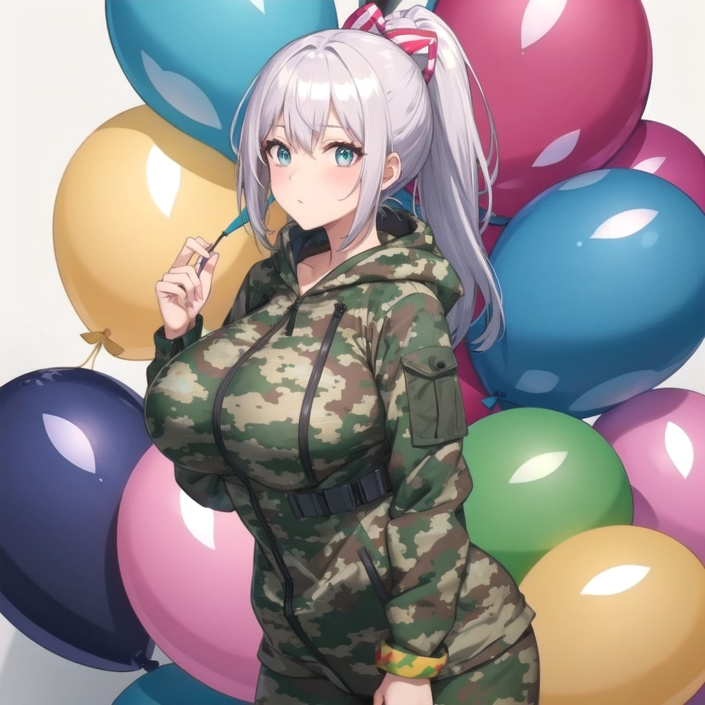 いっぱい色とりどりの風船を持つ銀髪ポニーテールの迷彩服着た美女