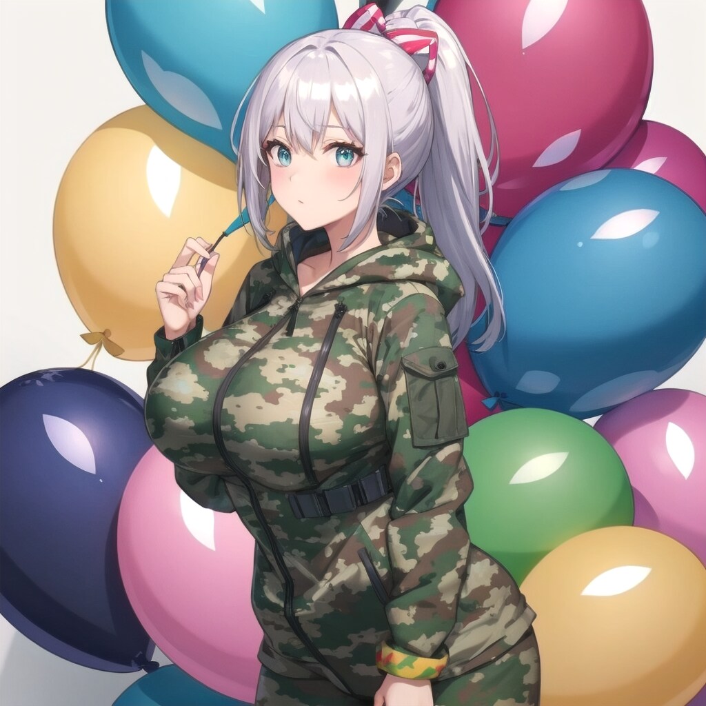 いっぱい色とりどりの風船を持つ銀髪ポニーテールの迷彩服着た美女