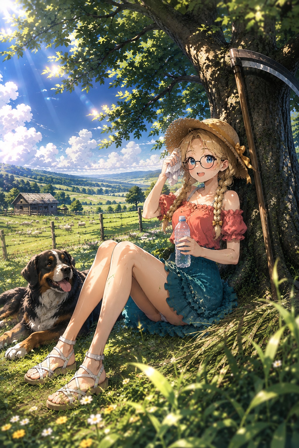 眼鏡三つ編み、夏草刈りのひと休み