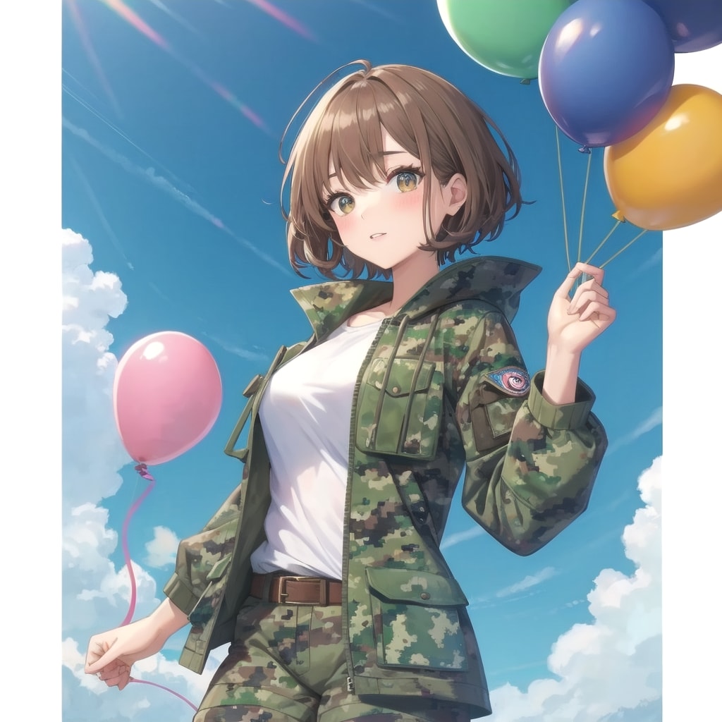 いっぱい風船を持つブラウンショートカットの迷彩服着た美女 | の人気AIイラスト・グラビア