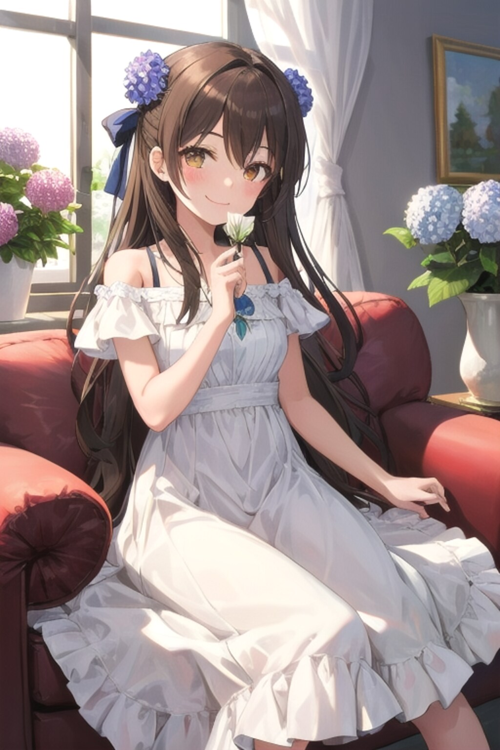 お庭の紫陽花を、花瓶でも楽しむなごみちゃん💠‎🤍ꕤ.｡