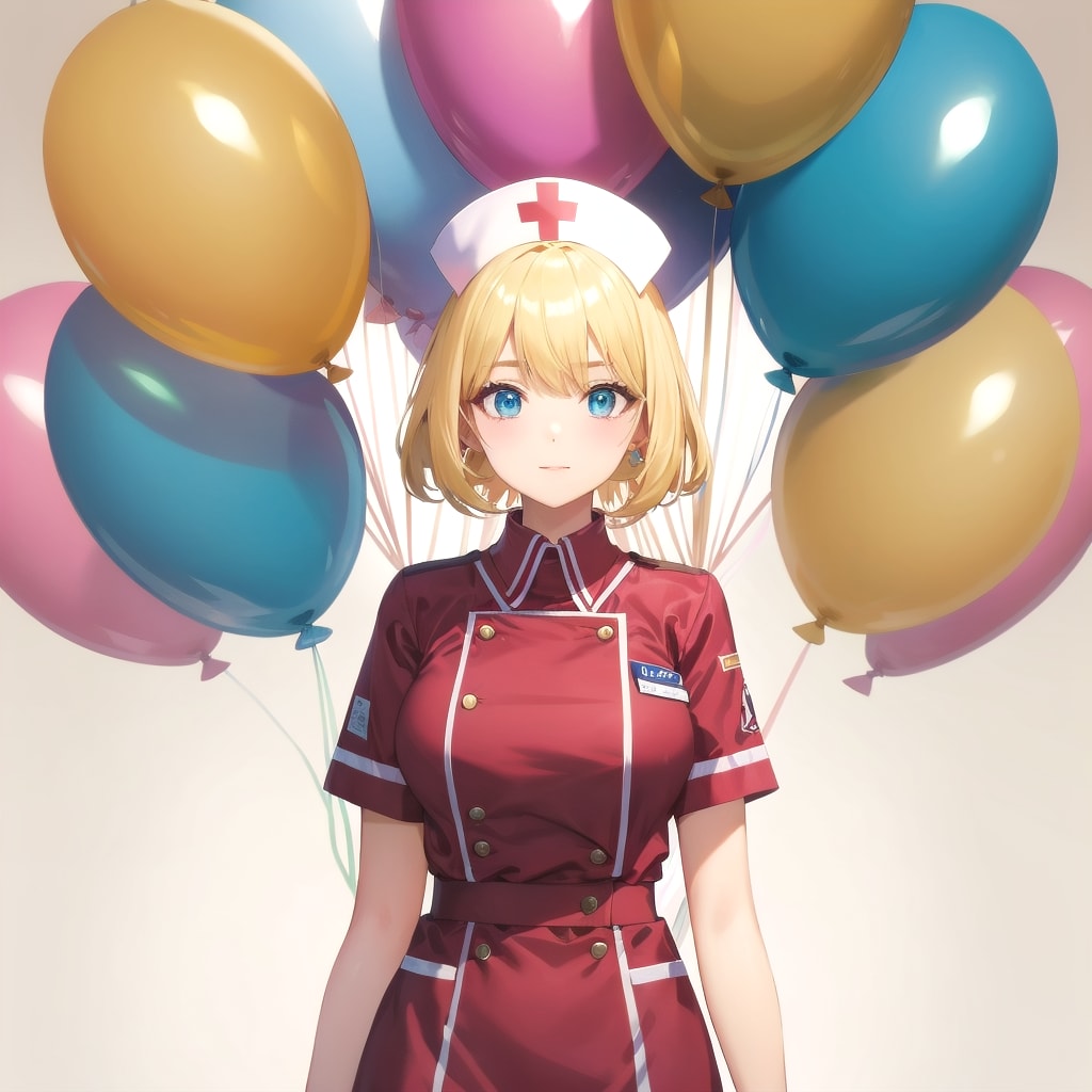 いっぱい風船を持つブロンドのナース服着た美女。