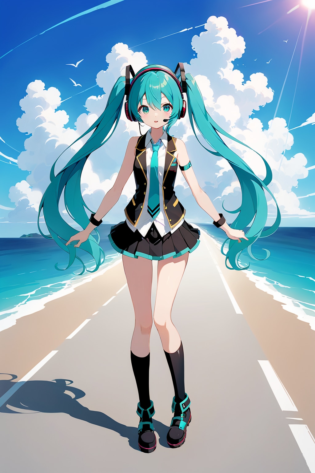 ミクと海へ続く一本道２ | の人気AIイラスト・グラビア