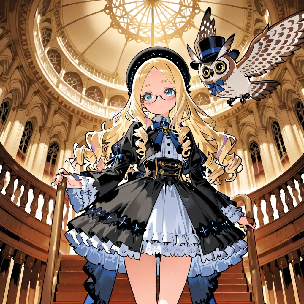日課の屋敷内ウォーキングを家族のフクロウと行う貴族の少女