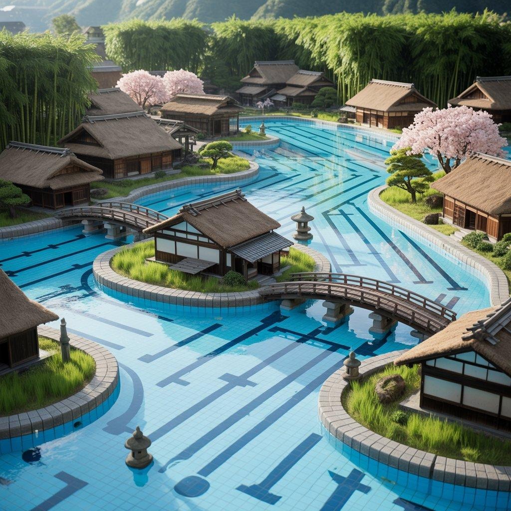 競泳プールと融合した村