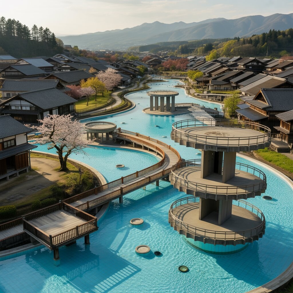 競泳プールと融合した村