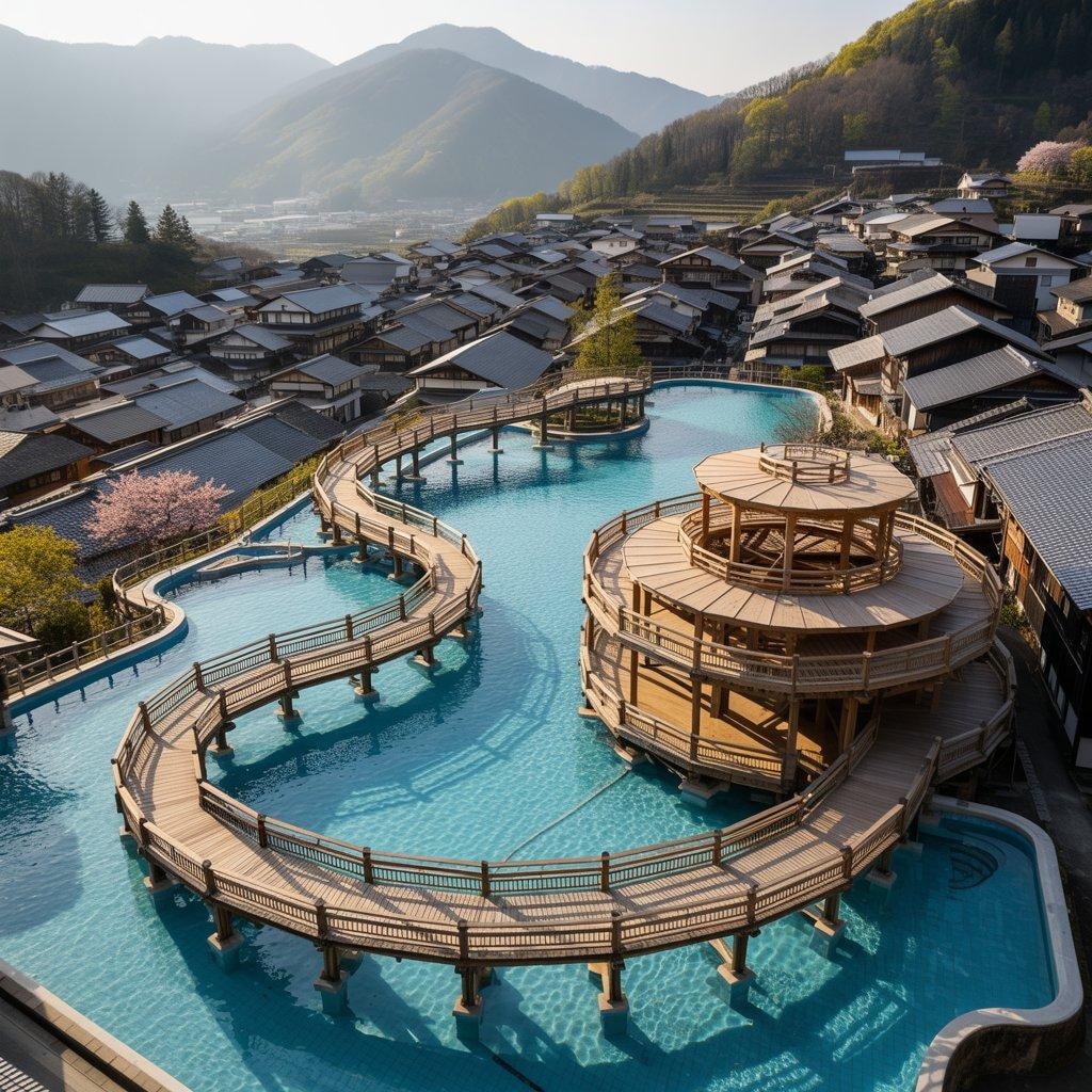 競泳プールと融合した村